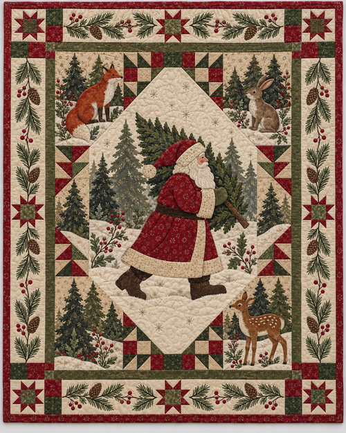 Santa's Woodland Visit Quilt Blanket