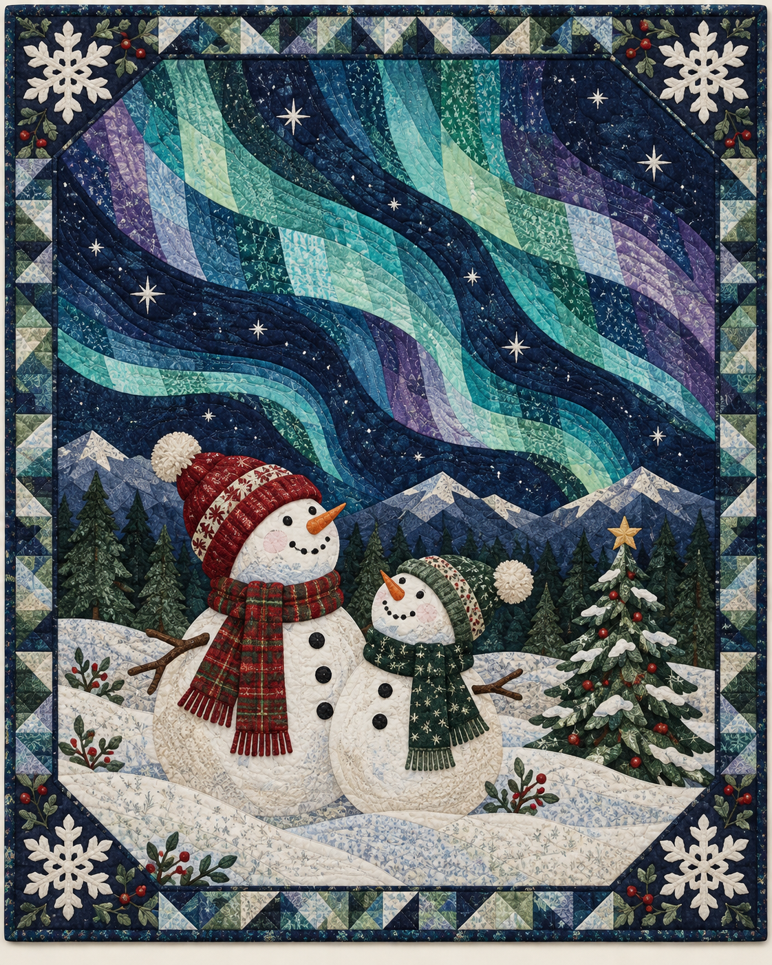 Snowmen under Northern Lights Quilt Blanket
