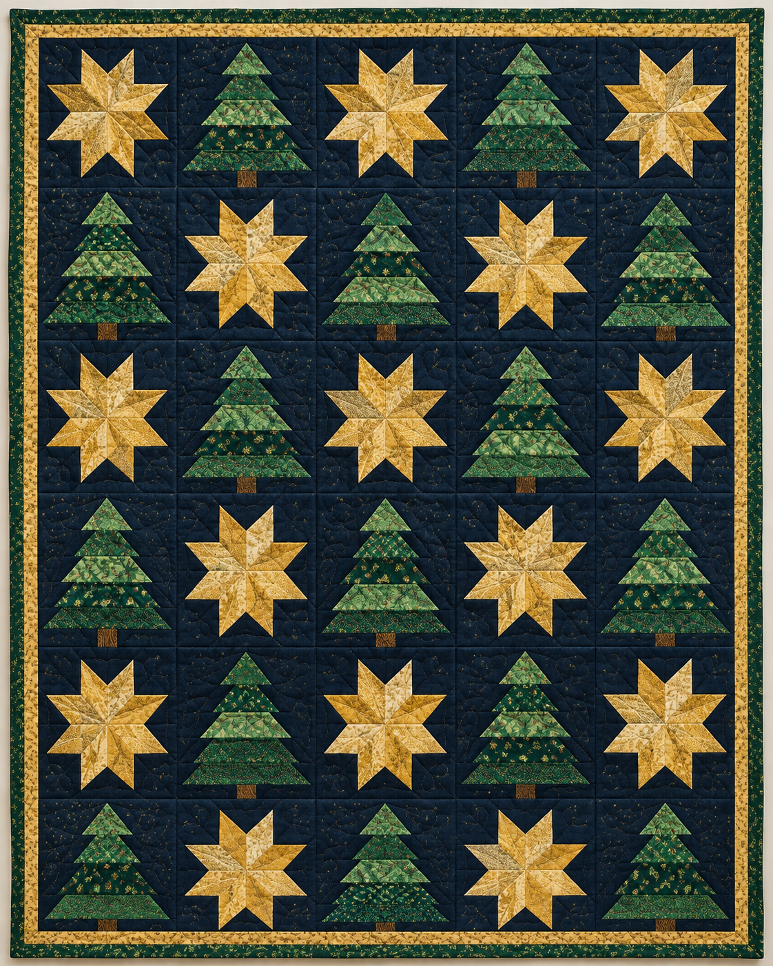 Midnight Evergreen Stars Quilt Blanket