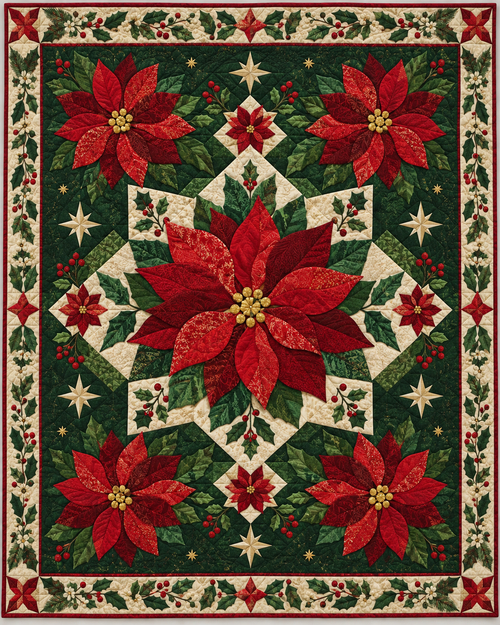 Poinsettia Christmas Garden Quilt Blanket