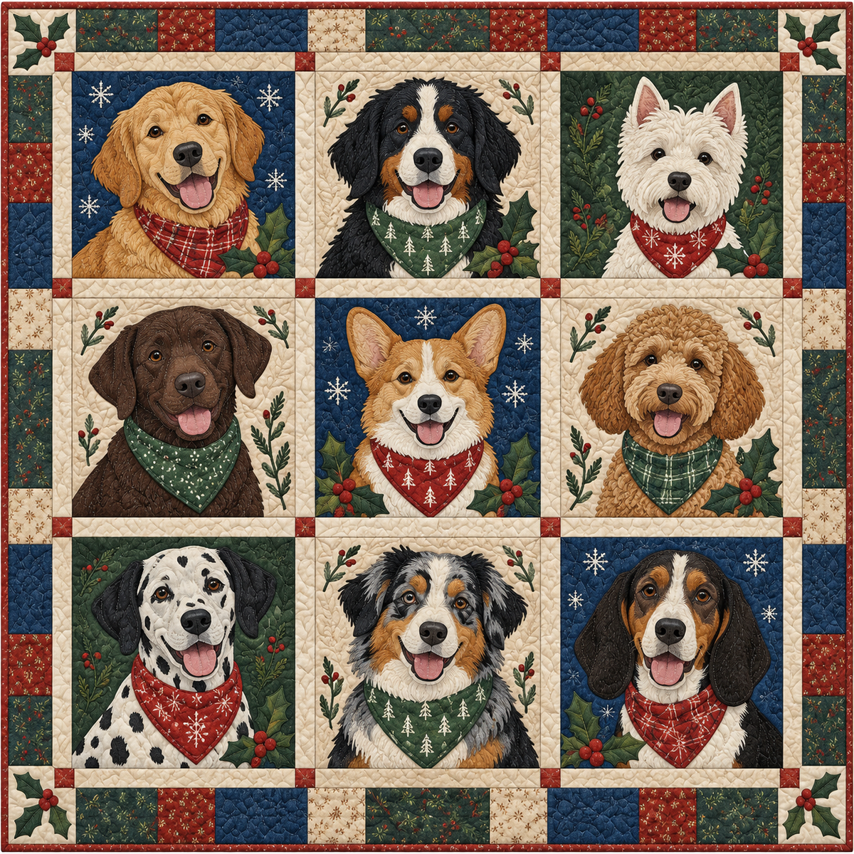 Holiday Puppy Portraits Quilt Blanket