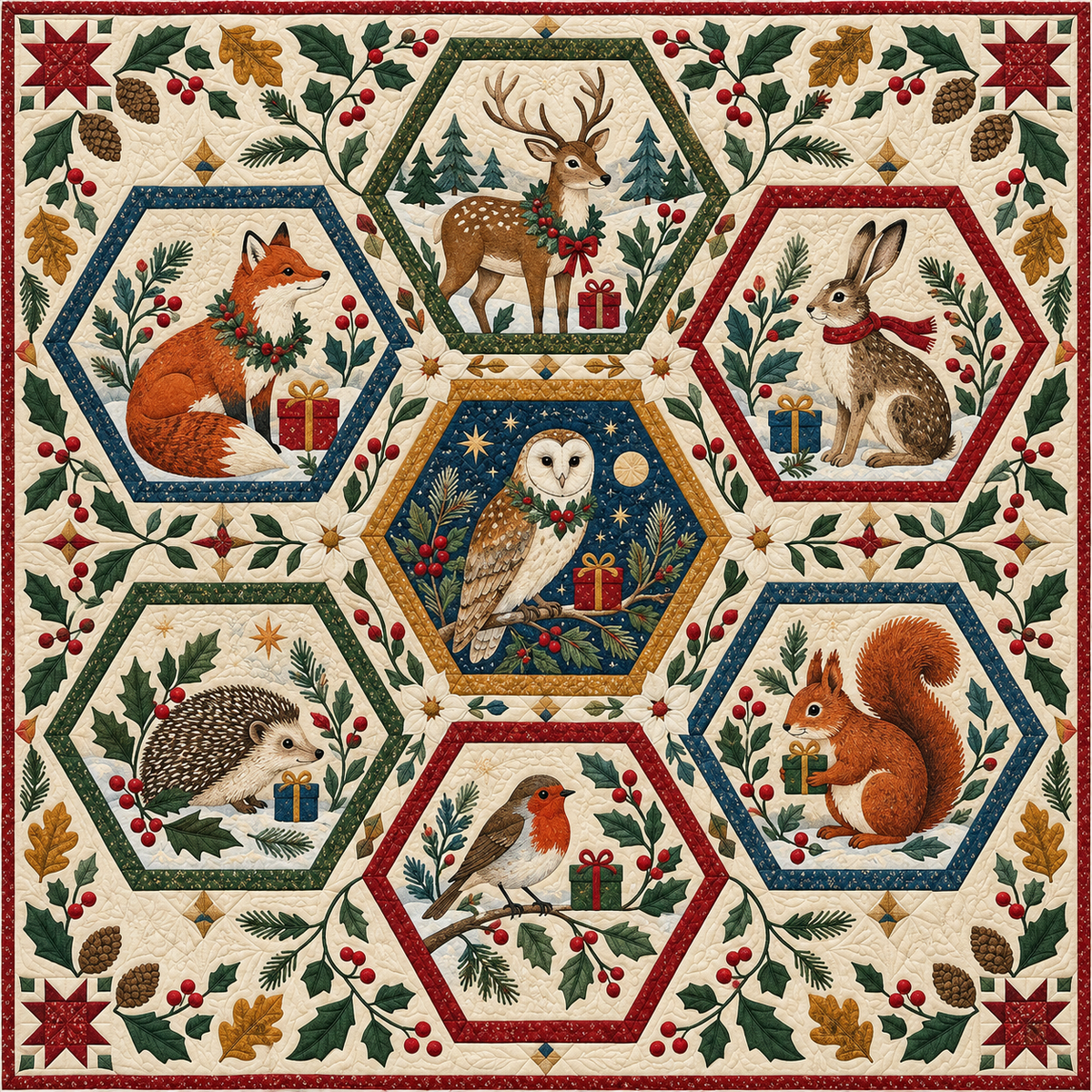 Woodland Christmas Hexagons Quilt Blanket
