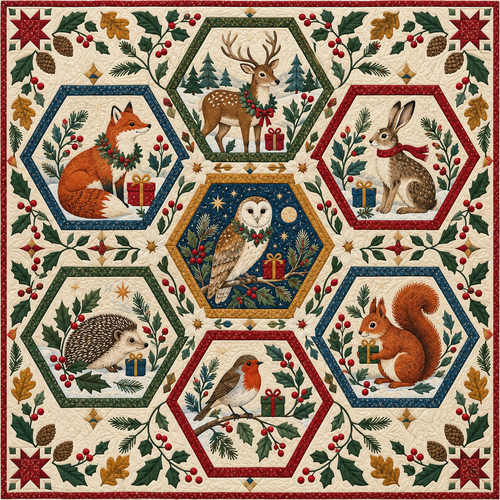 Woodland Christmas Hexagons Quilt Blanket