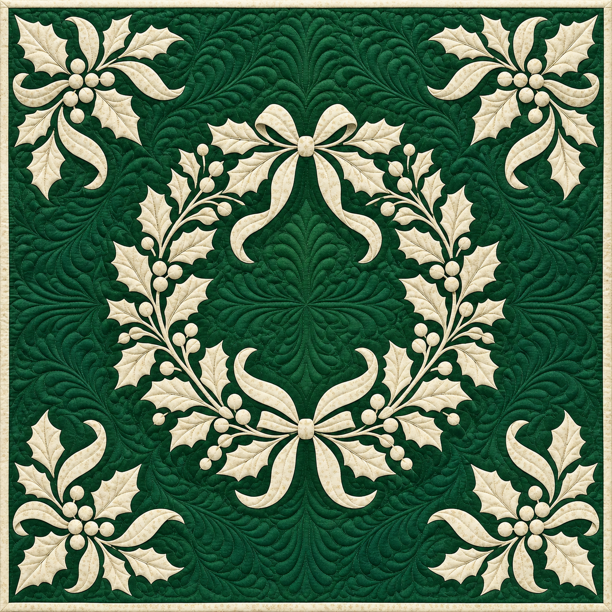 Ivory Holly on Evergreen Quilt Blanket