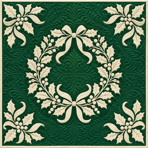 Ivory Holly on Evergreen Quilt Blanket