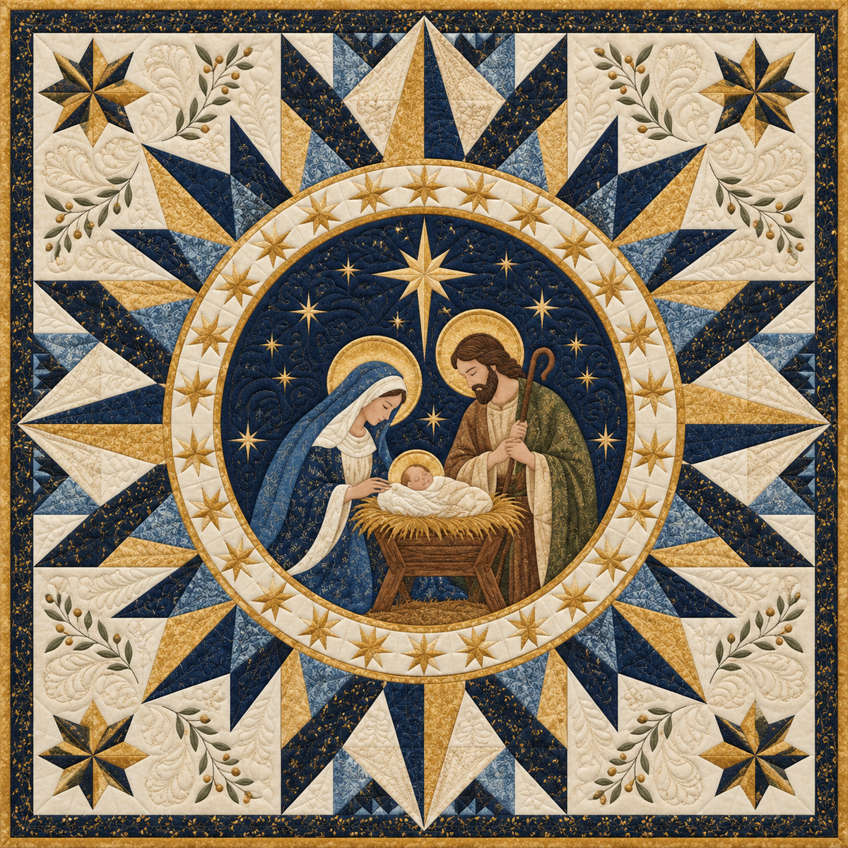 Golden Nativity Circle Quilt Blanket