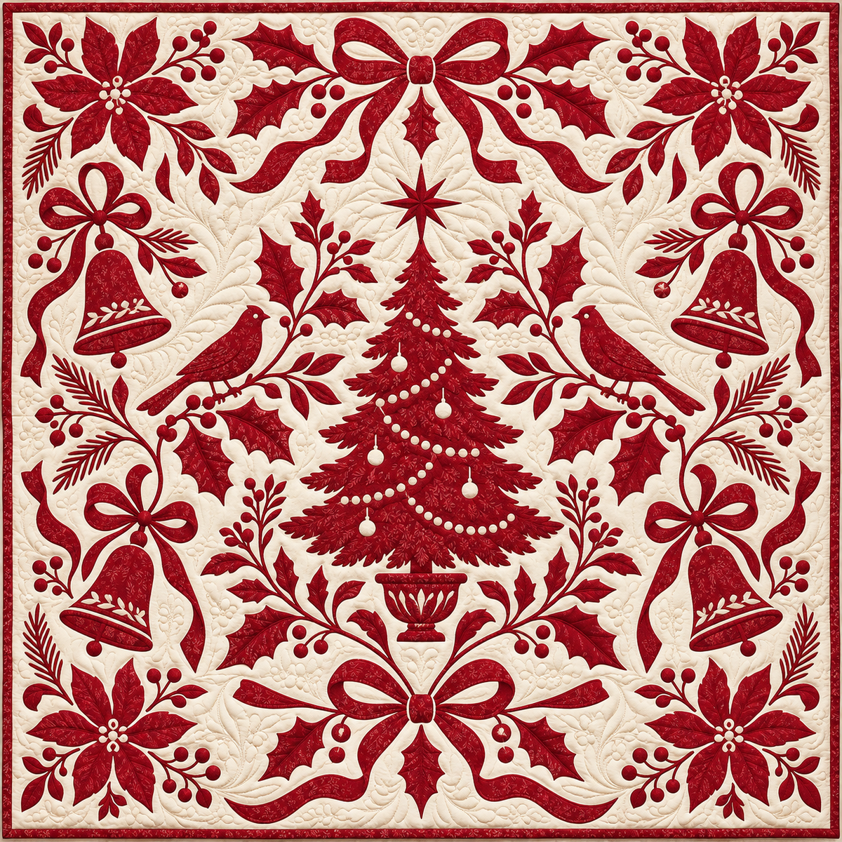 Redwork Christmas Garden Quilt Blanket