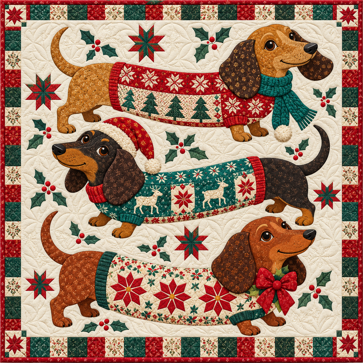 Patchwork Christmas Dachshunds Quilt Blanket