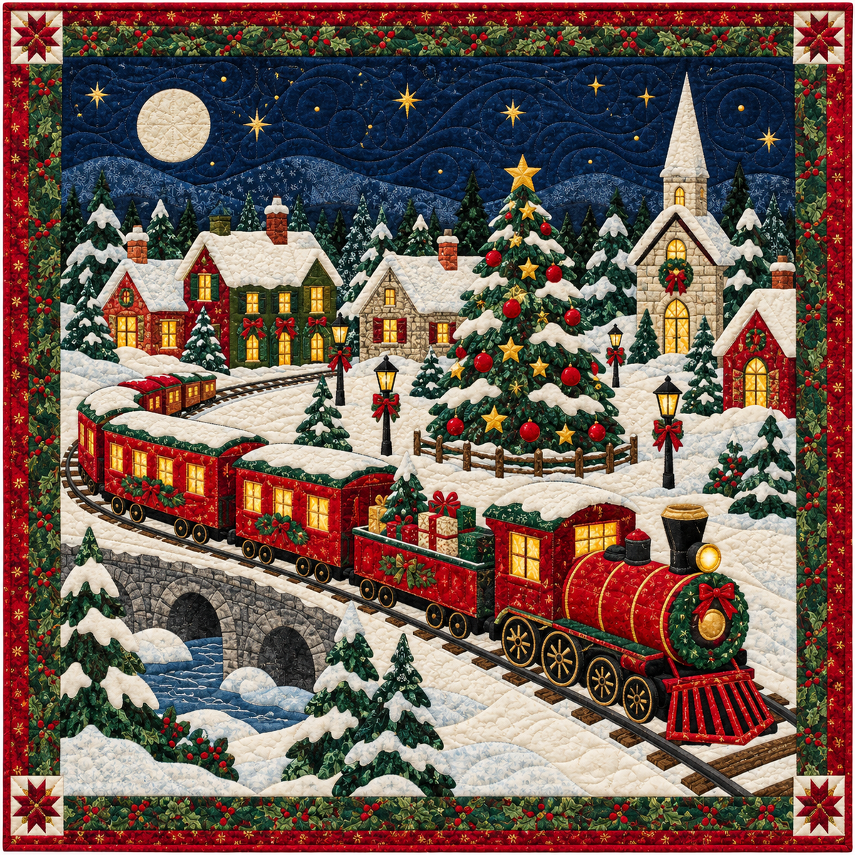 Christmas Train Village Quilt Blanket