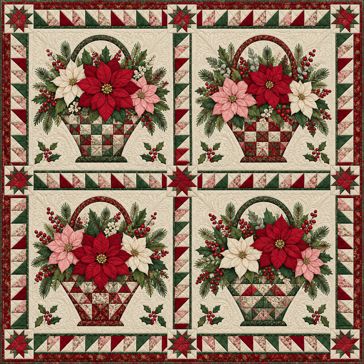 Poinsettia Basket Sampler Quilt Blanket