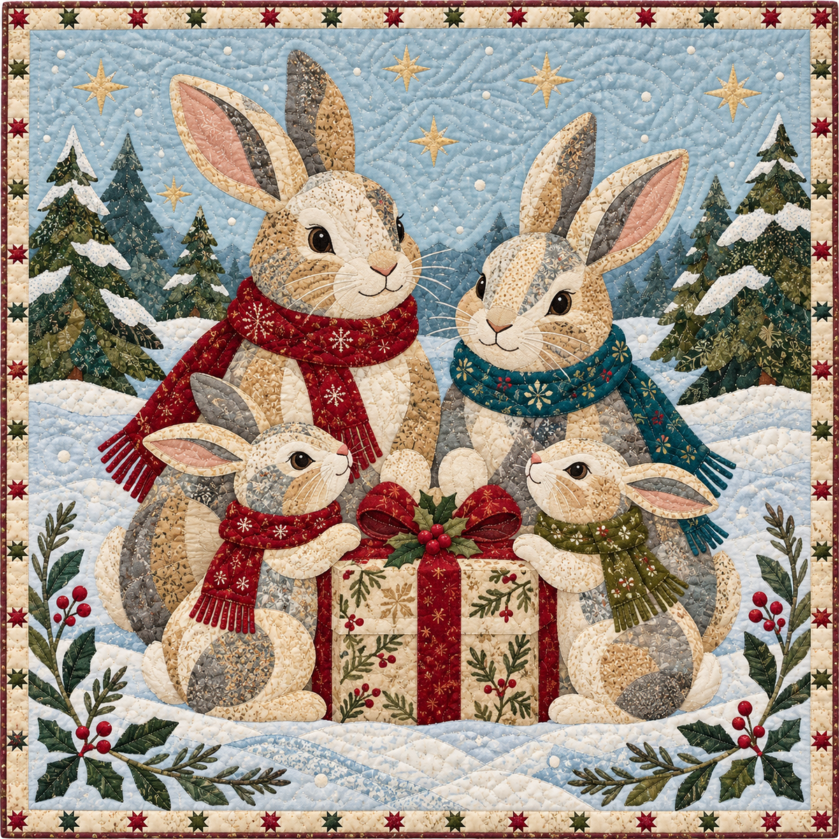 Christmas Rabbit Family Quilt Blanket