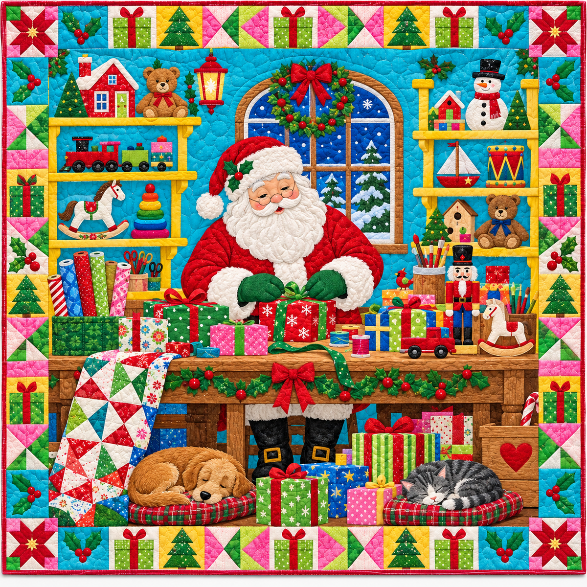 Santa's Rainbow Workshop Quilt Blanket