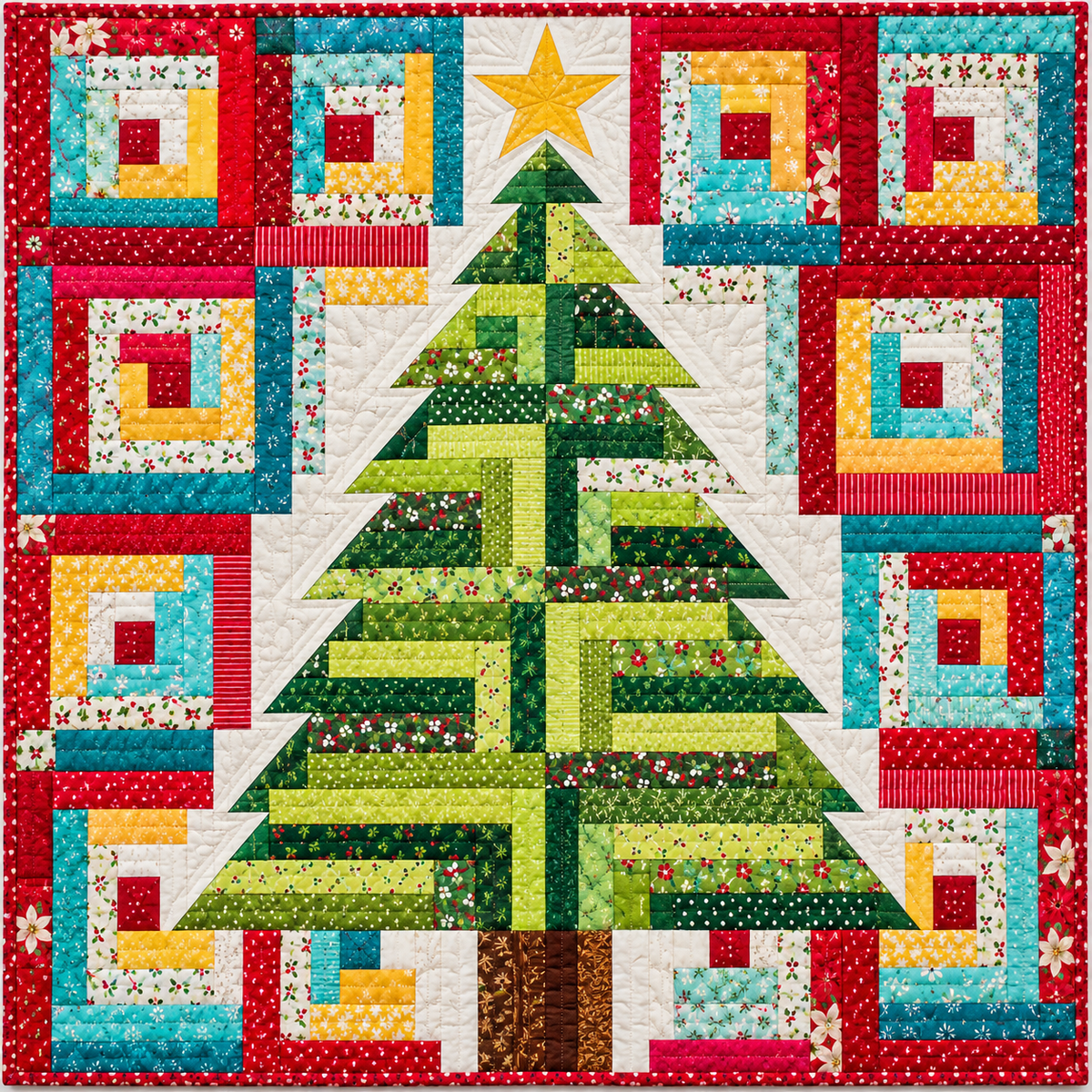 Christmas Tree Log Cabin Quilt Blanket