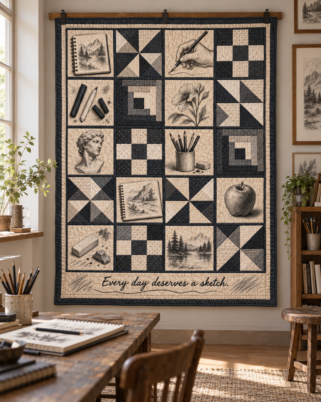 Everyday Sketchbook TD281026026 Quilt Blanket — hanging