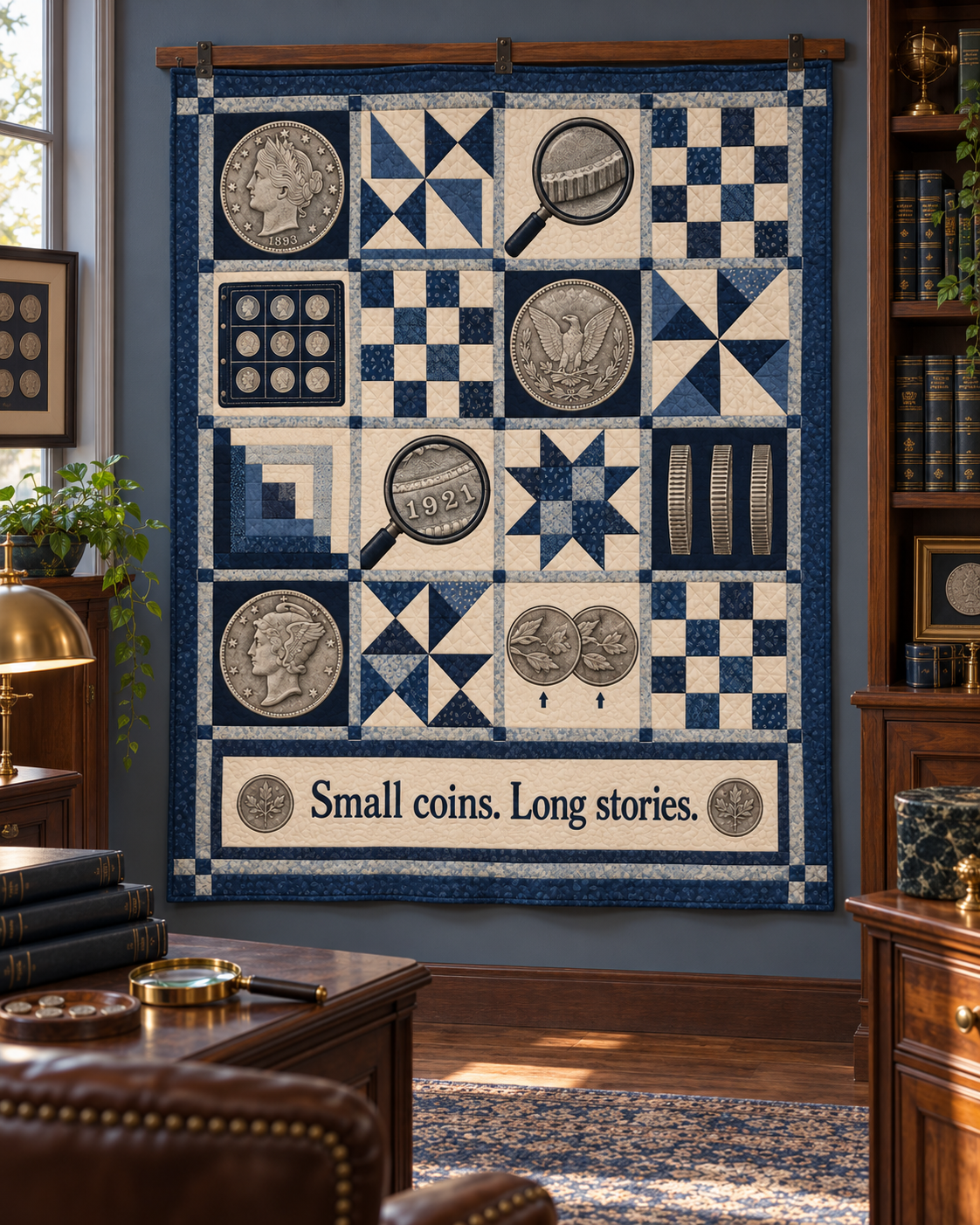 Small Coins Long Stories TD281026047 Quilt Blanket — hanging