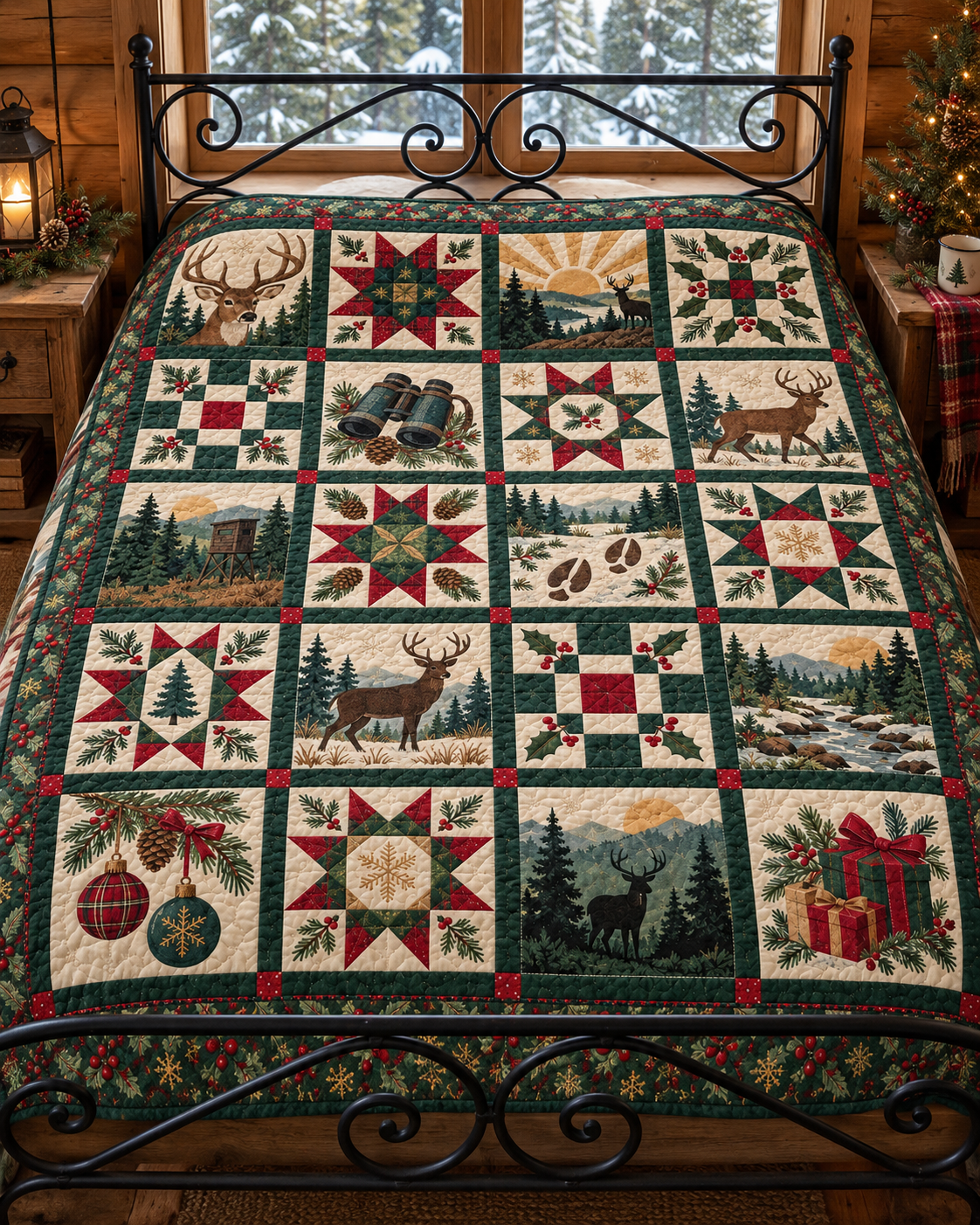 Woodland Christmas Dawn Quilt Blanket — bed mockup