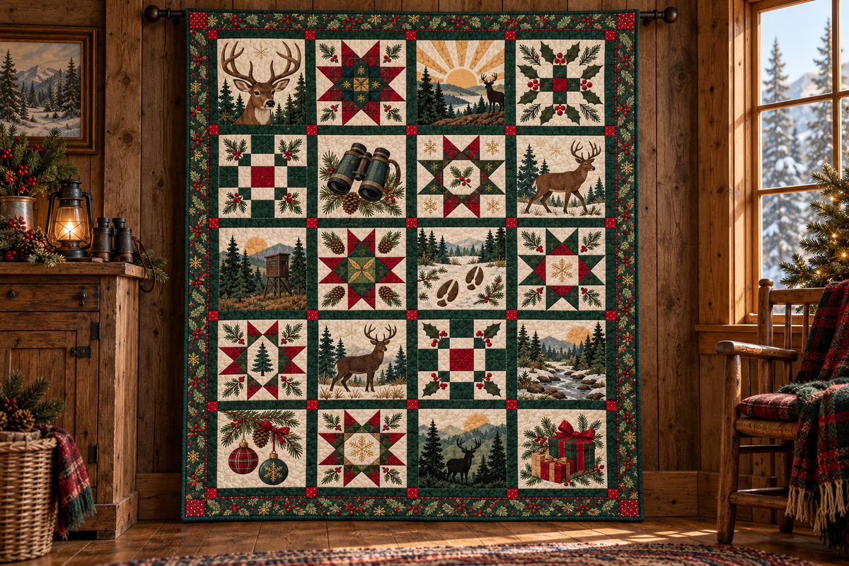 Woodland Christmas Dawn Quilt Blanket — hanging mockup