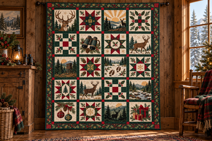 Woodland Christmas Dawn Quilt Blanket — hanging mockup