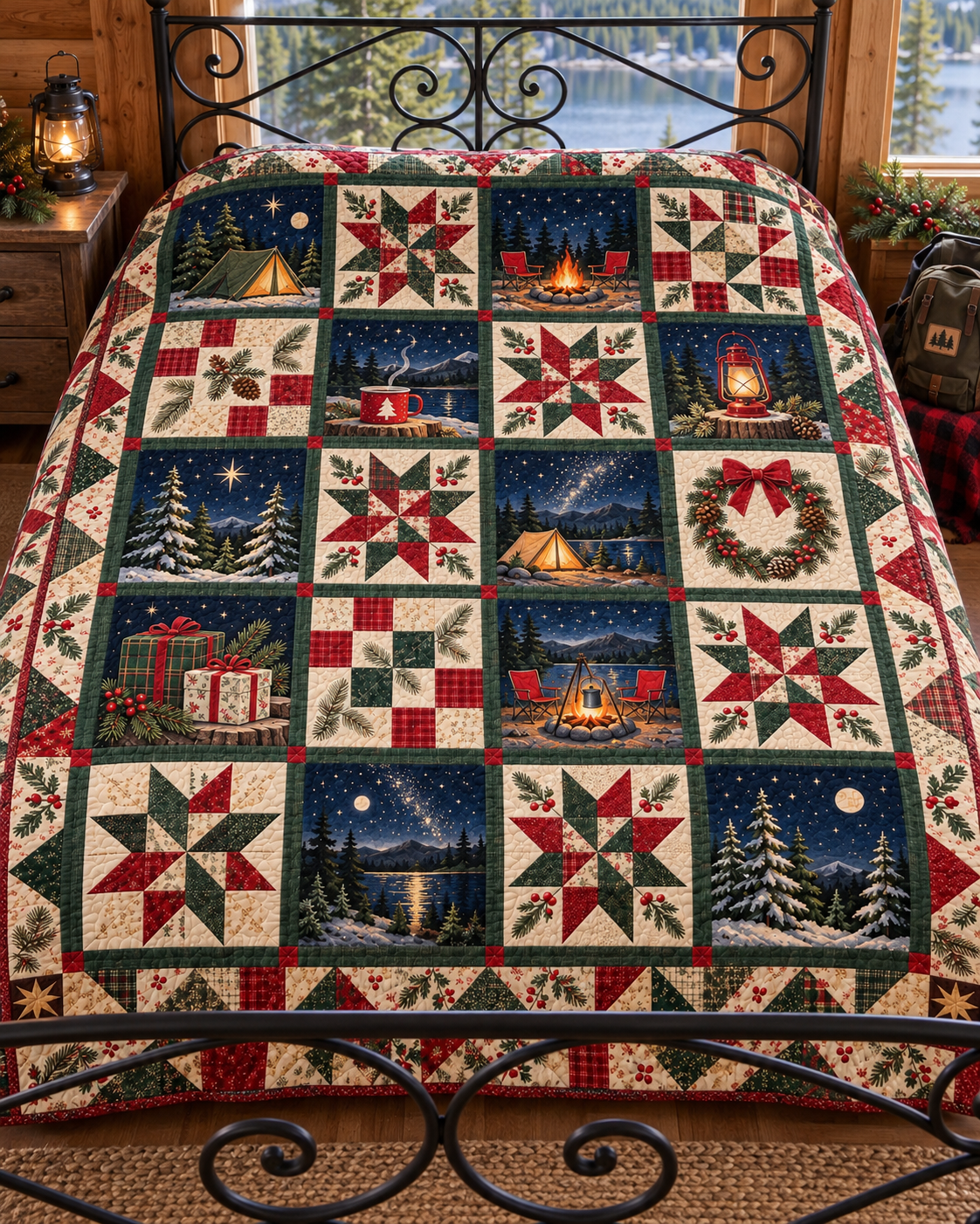 Campfire Christmas Quilt Blanket — bed mockup