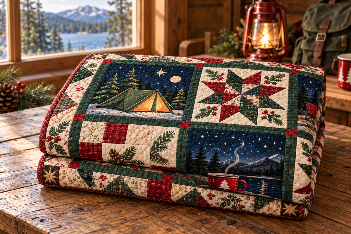 Campfire Christmas Quilt Blanket — folded mockup