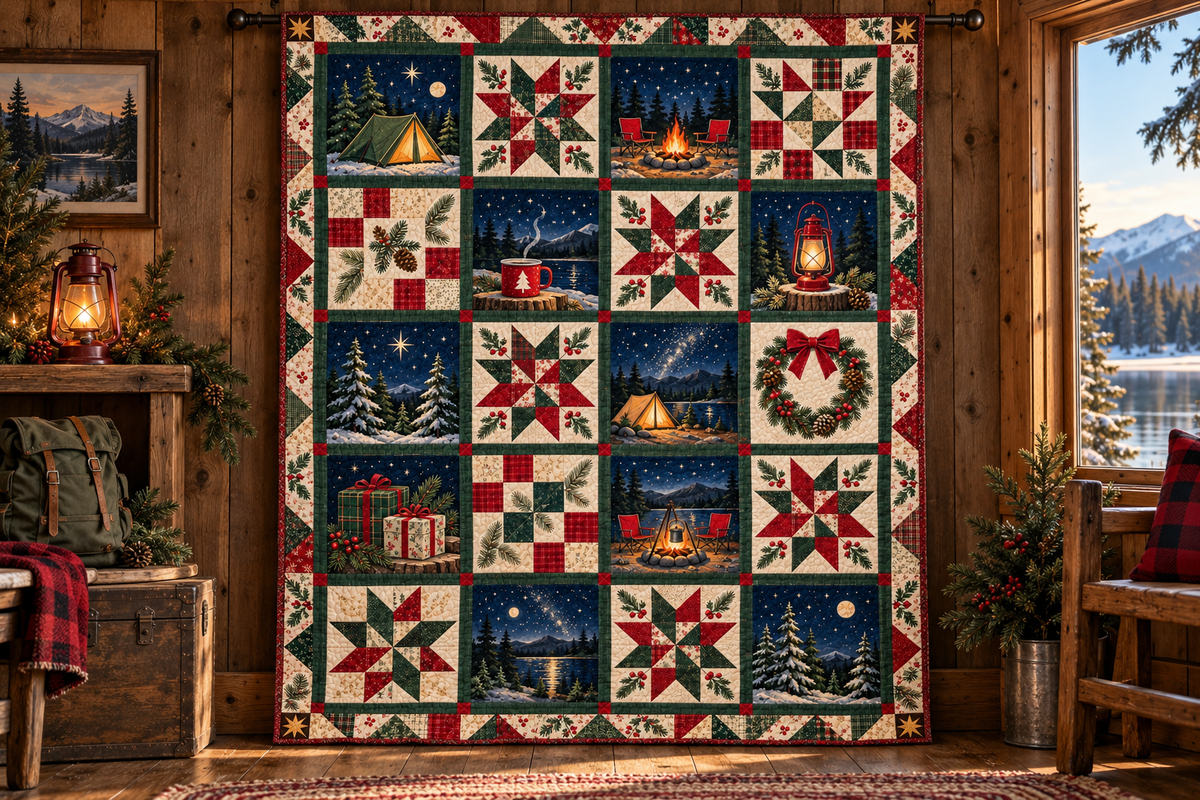 Campfire Christmas Quilt Blanket — hanging mockup