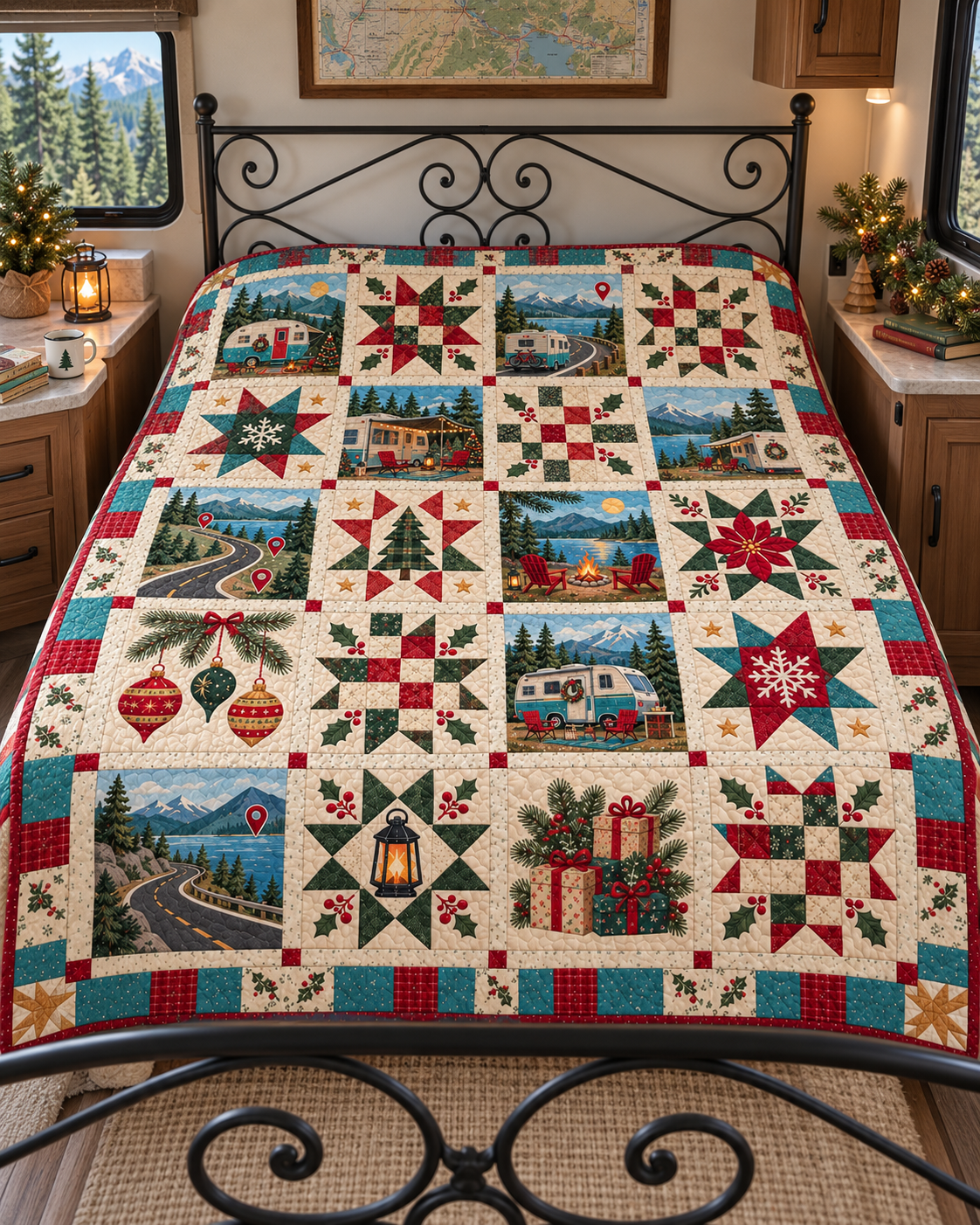 Holiday Home on Wheels Quilt Blanket — bed mockup