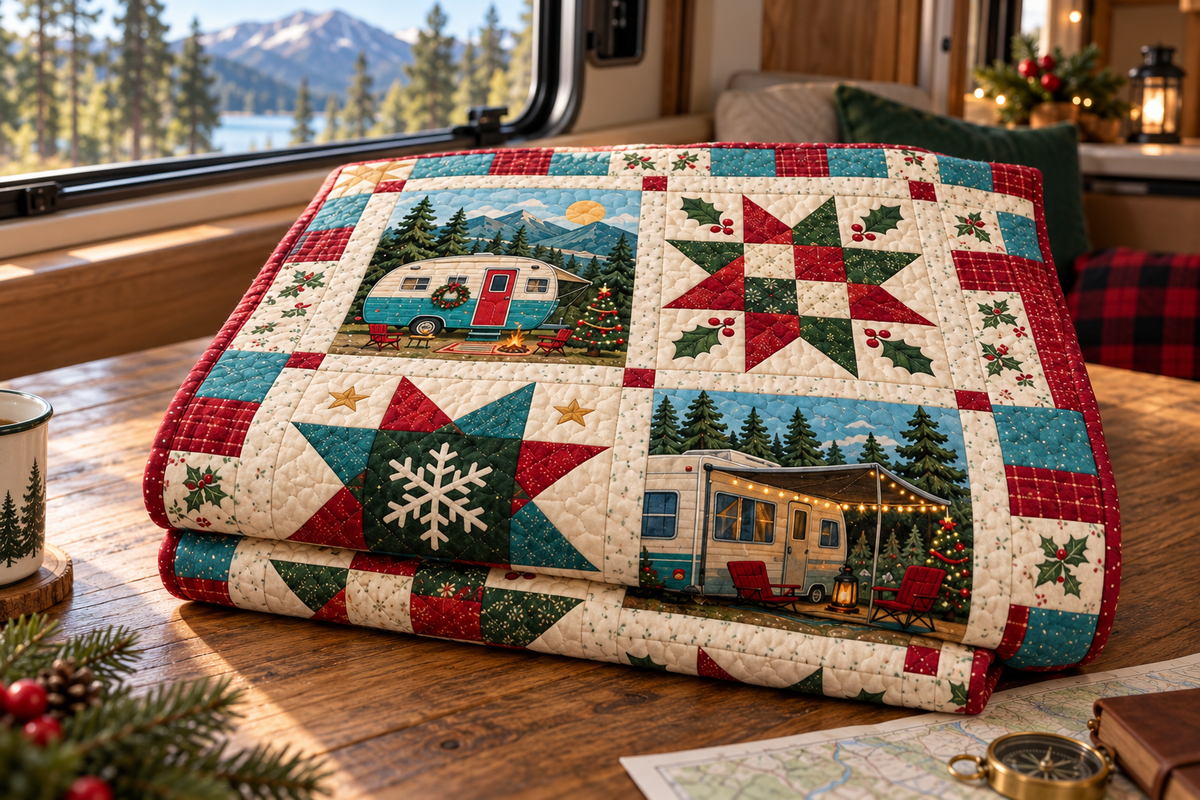 Holiday Home on Wheels Quilt Blanket — folded mockup