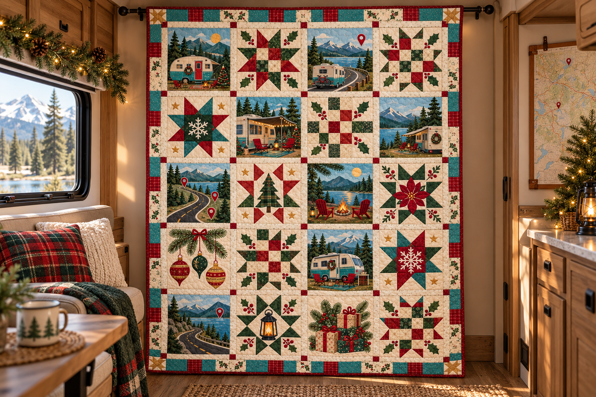 Holiday Home on Wheels Quilt Blanket — hanging mockup