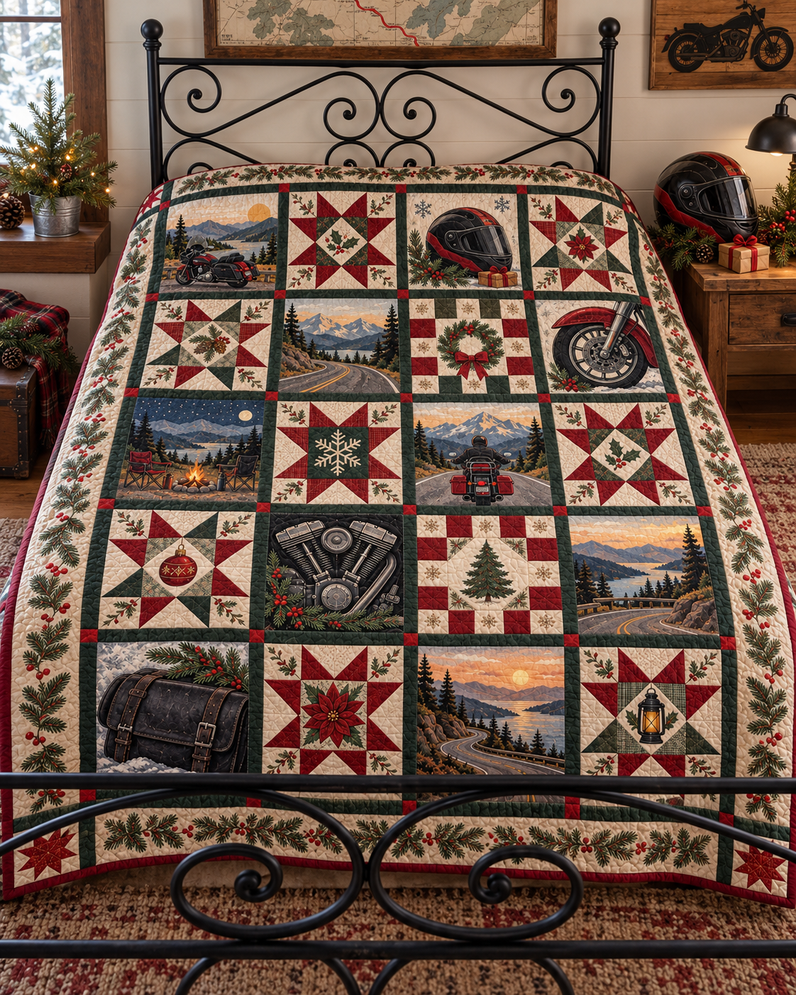 Yuletide Open Road Quilt Blanket — bed mockup