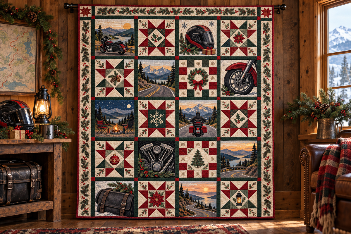 Yuletide Open Road Quilt Blanket — hanging mockup