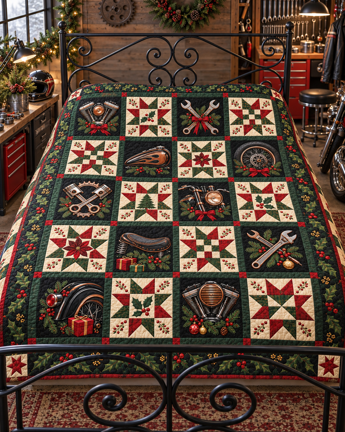 Chrome & Christmas Quilt Blanket — bed mockup