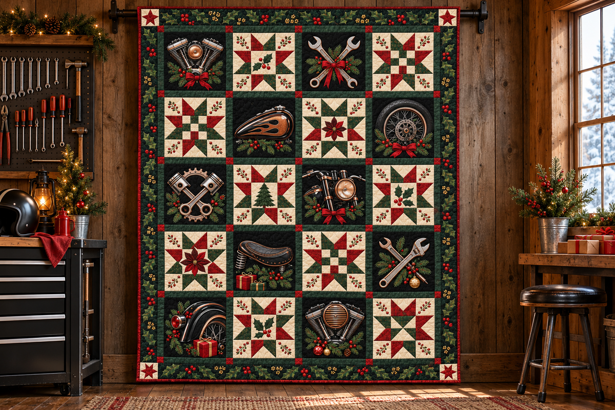 Chrome & Christmas Quilt Blanket — hanging mockup