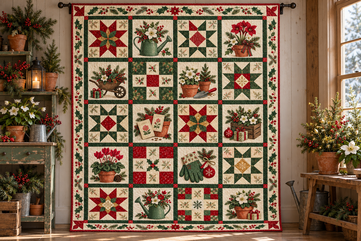 Garden of Christmas Wishes Quilt Blanket — hanging mockup