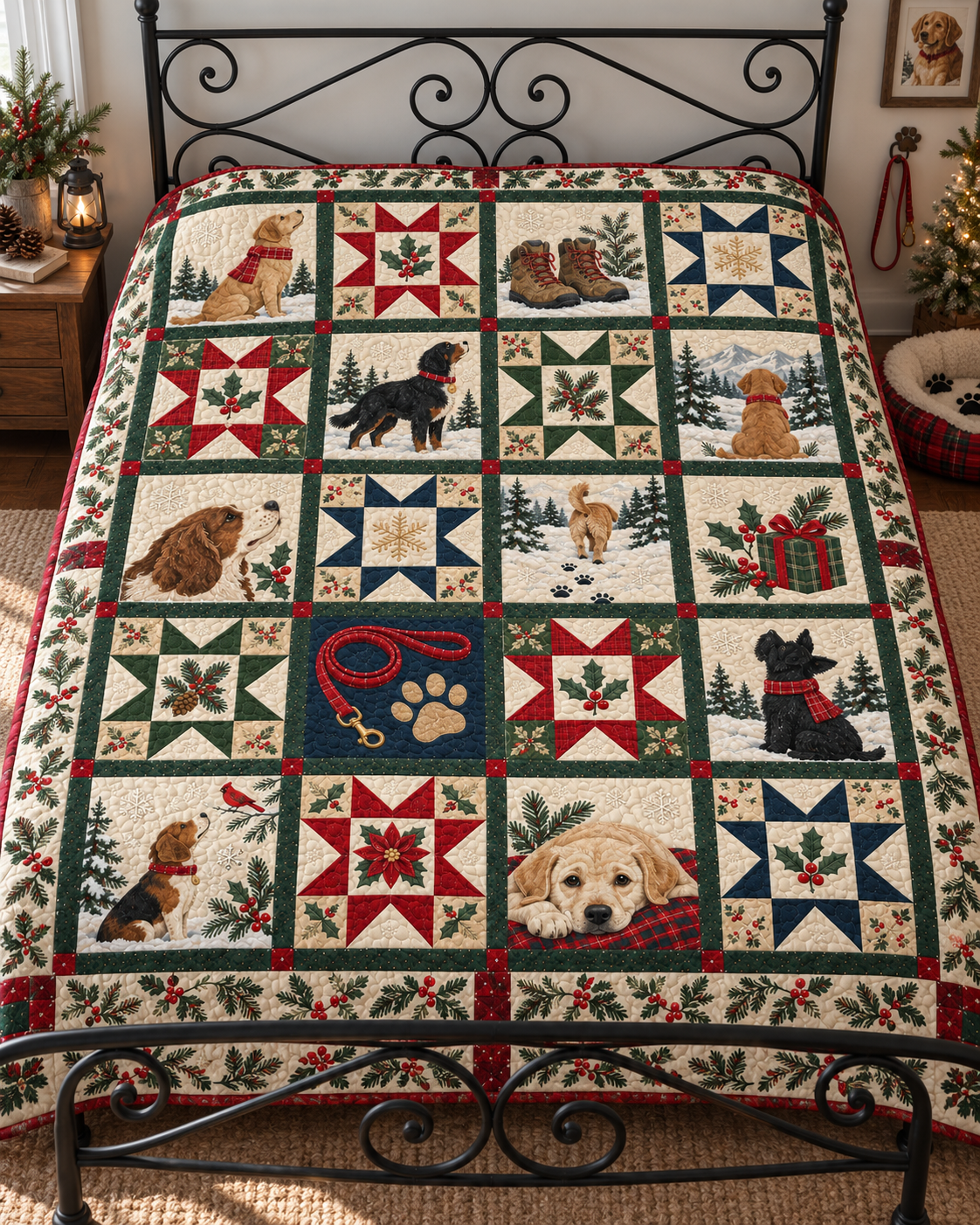 Paws by the Christmas Hearth Quilt Blanket — bed mockup