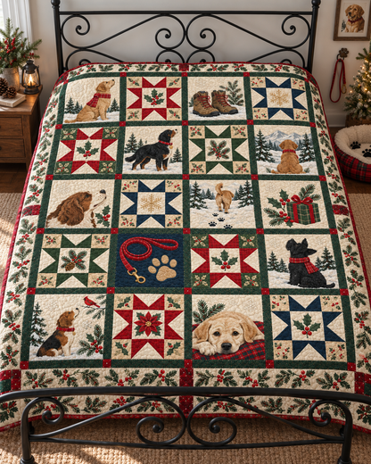 Paws by the Christmas Hearth Quilt Blanket — bed mockup