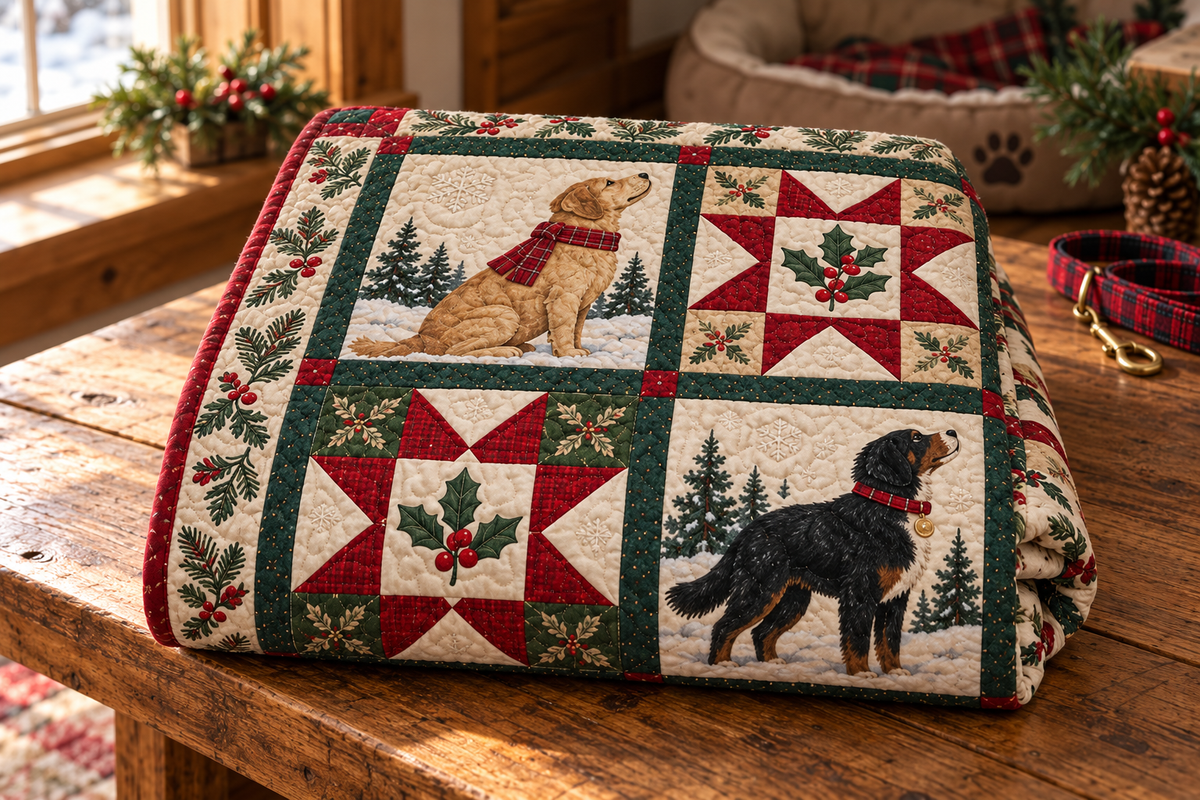 Paws by the Christmas Hearth Quilt Blanket — folded mockup