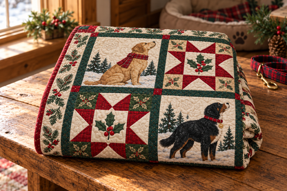 Paws by the Christmas Hearth Quilt Blanket — folded mockup