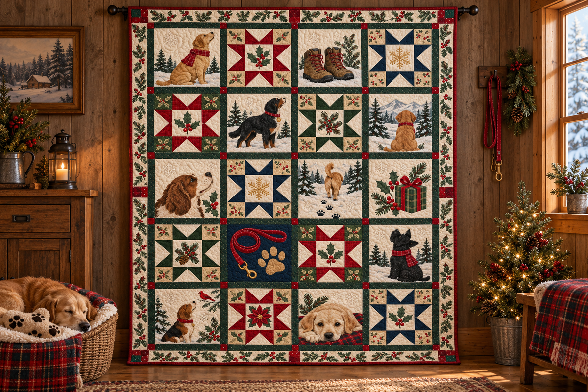 Paws by the Christmas Hearth Quilt Blanket — hanging mockup