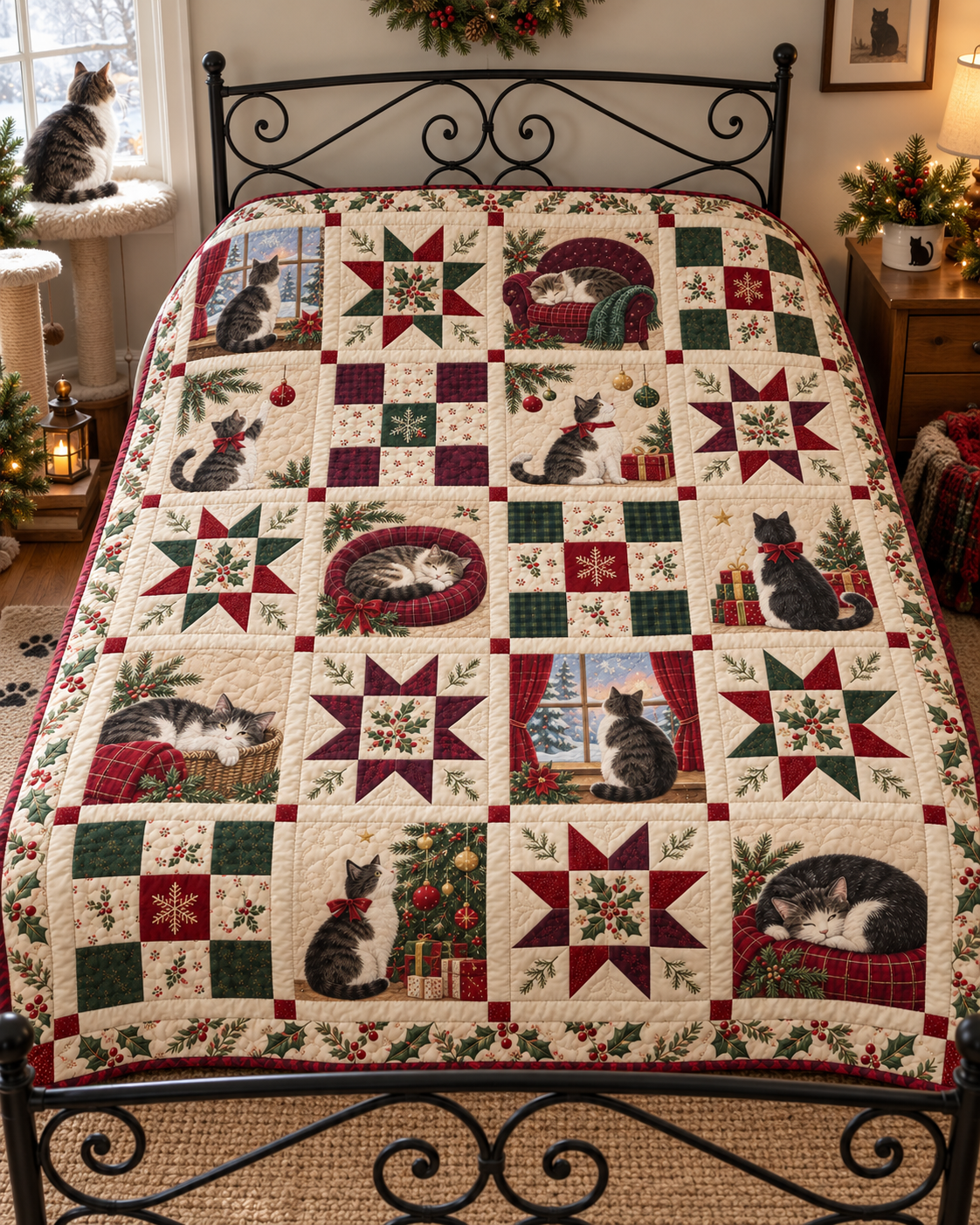 Purrs & Pine Quilt Blanket — bed mockup