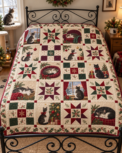 Purrs & Pine Quilt Blanket — bed mockup