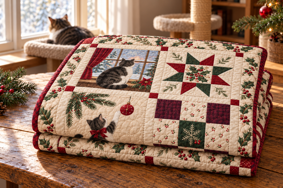 Purrs & Pine Quilt Blanket — folded mockup
