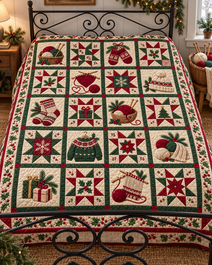 Knitted Christmas Comfort Quilt Blanket — bed mockup