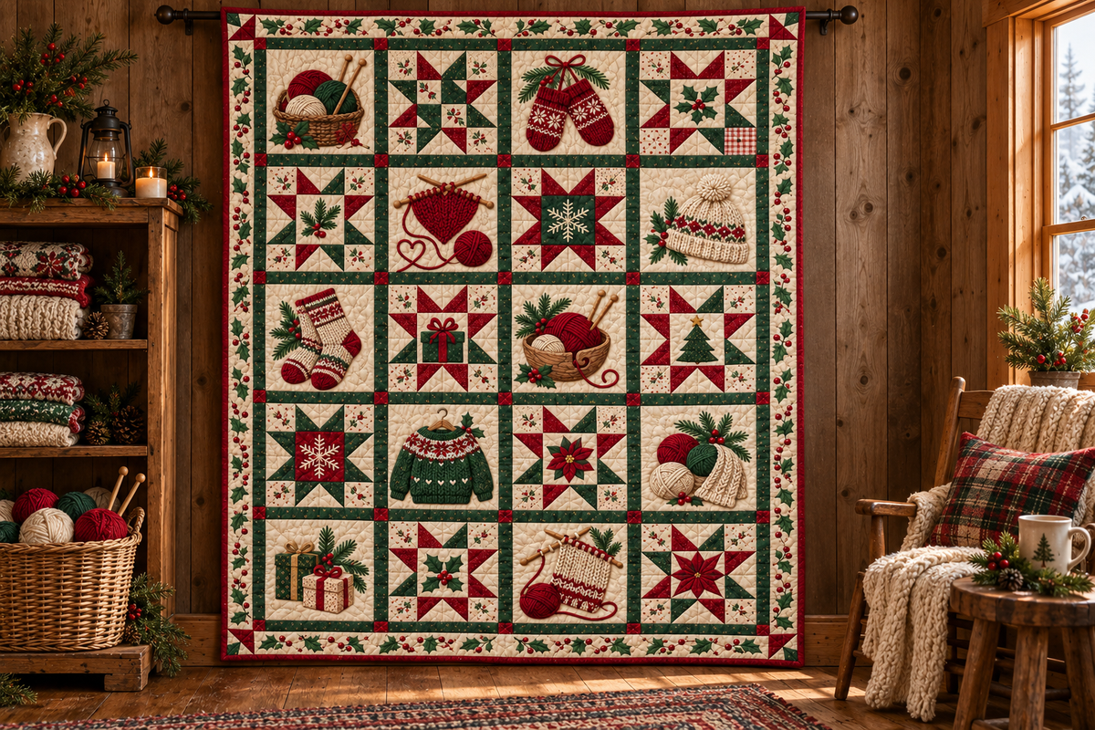 Knitted Christmas Comfort Quilt Blanket — hanging mockup