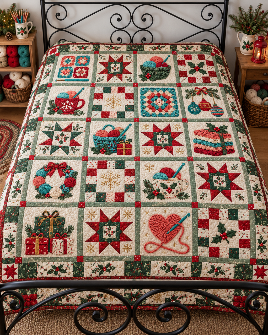 Granny Square Christmas Quilt Blanket — bed mockup