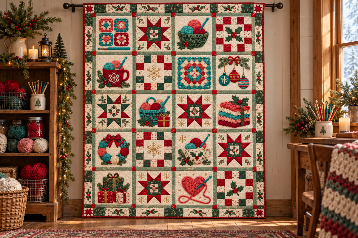 Granny Square Christmas Quilt Blanket — hanging mockup