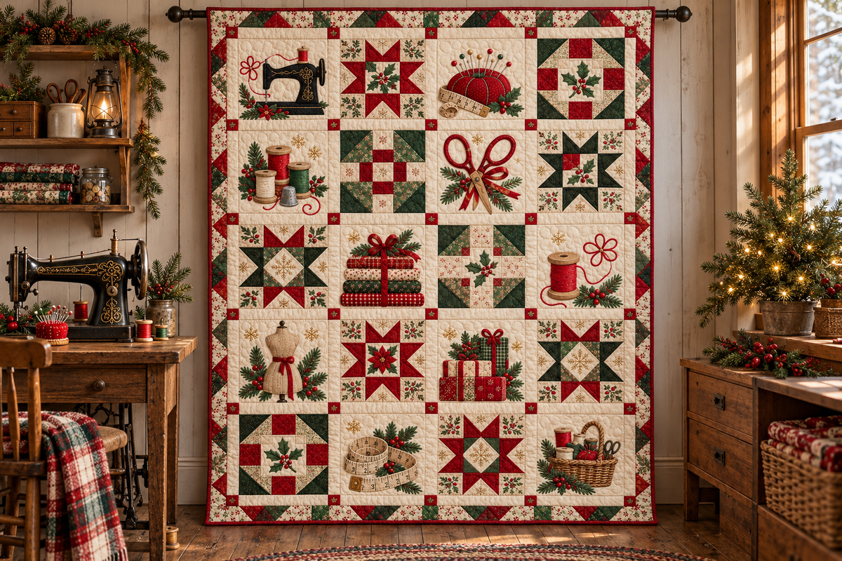 Sew Merry Quilt Blanket — hanging mockup