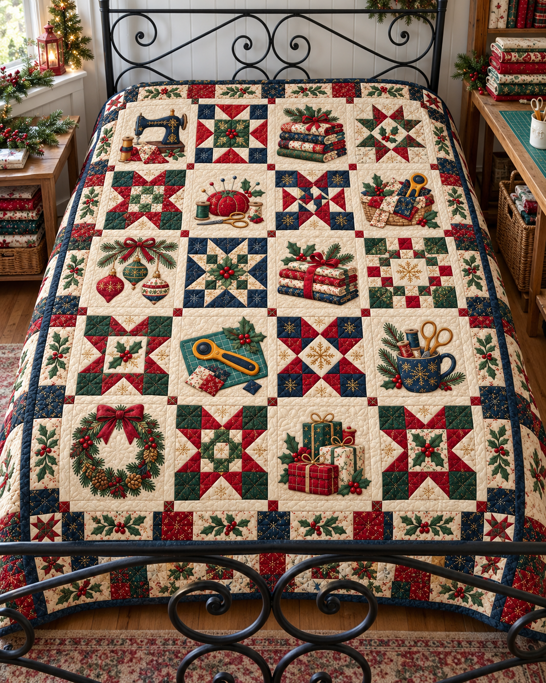 Christmas in Every Stitch Quilt Blanket — bed mockup