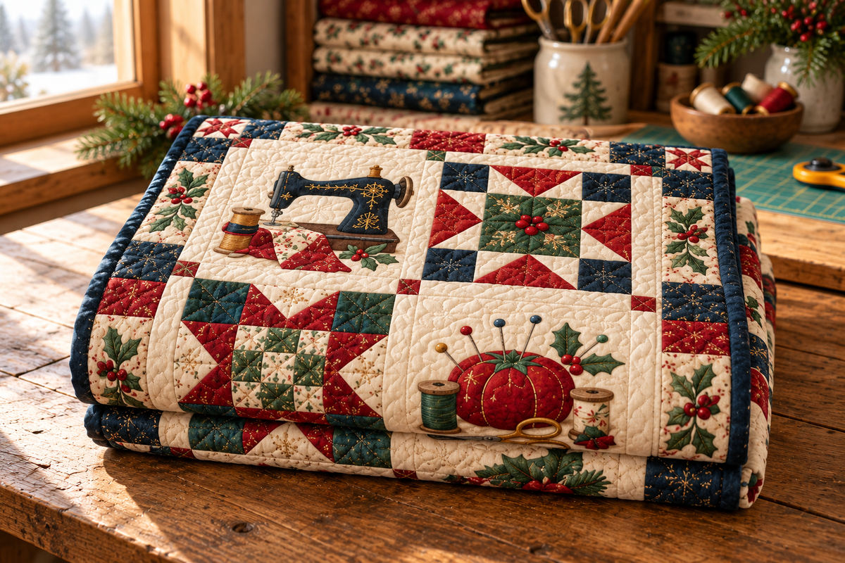 Christmas in Every Stitch Quilt Blanket — folded mockup