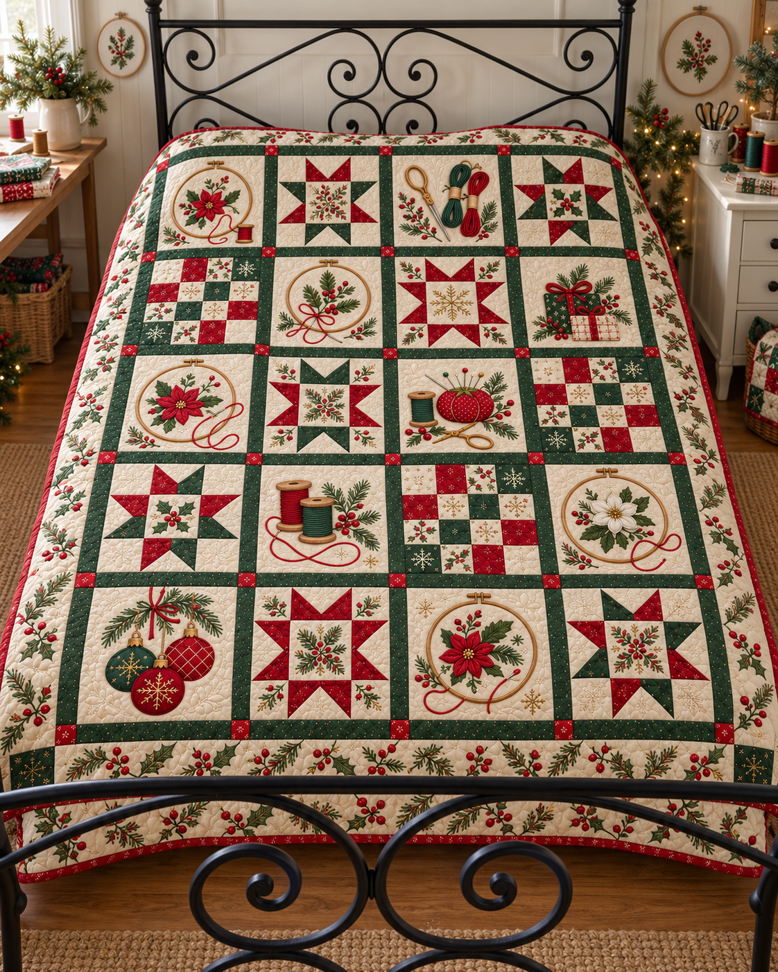 Holly Hoop Christmas Quilt Blanket — bed mockup