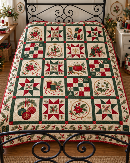 Holly Hoop Christmas Quilt Blanket — bed mockup